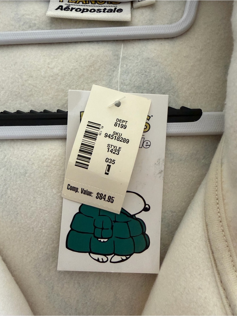 Aeropostale Cream Fleece Zip Hoodie with Teal Snoopy Print - Picture 4 of 5